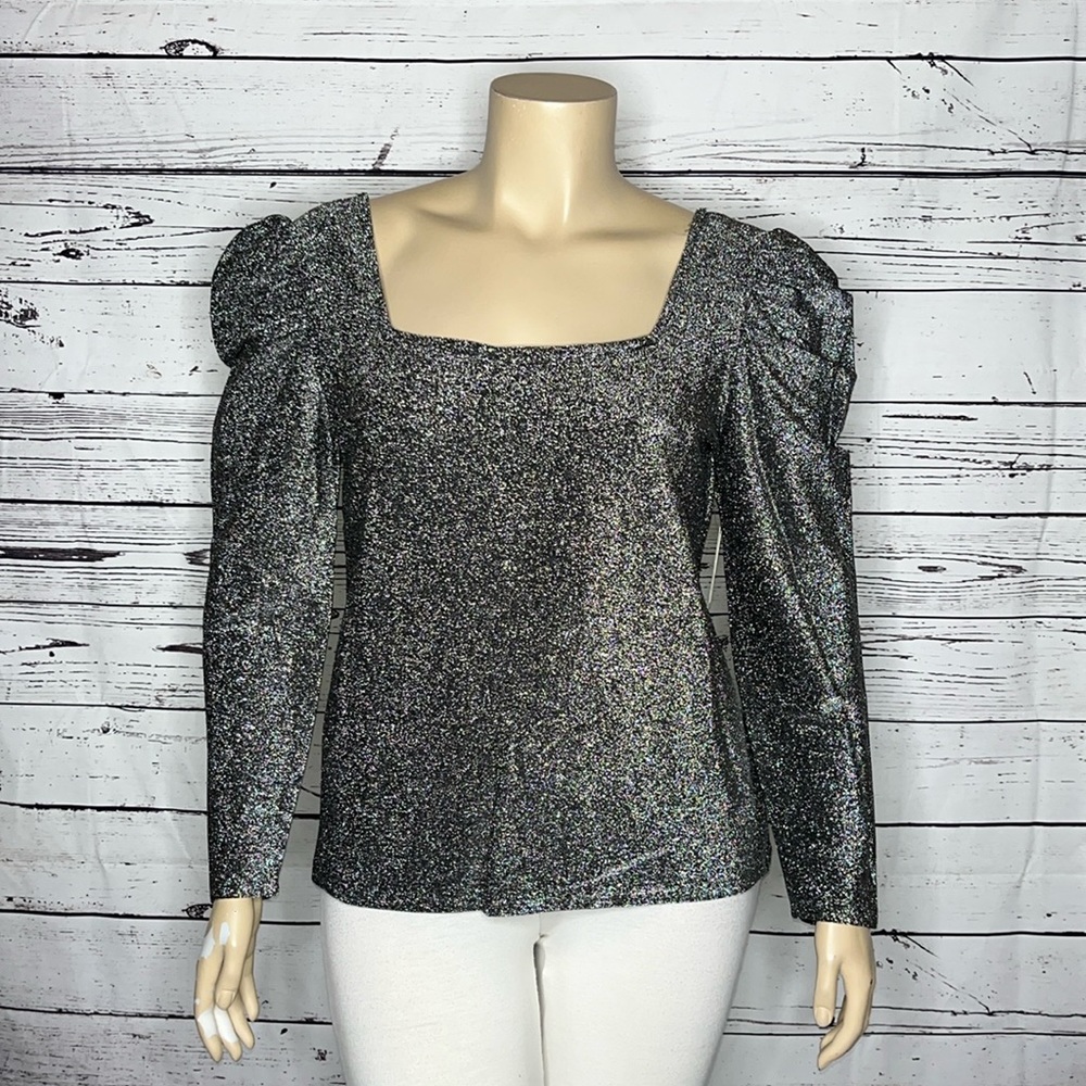 Eloquii Elements NWT 18/20 Black Silver Shimmer Square Neck Puff Sleeve Blouse